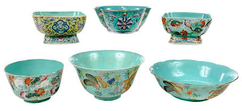 Appraisal: Turquoise Famille Rose Assorted Bowls Chinese six square dishes with