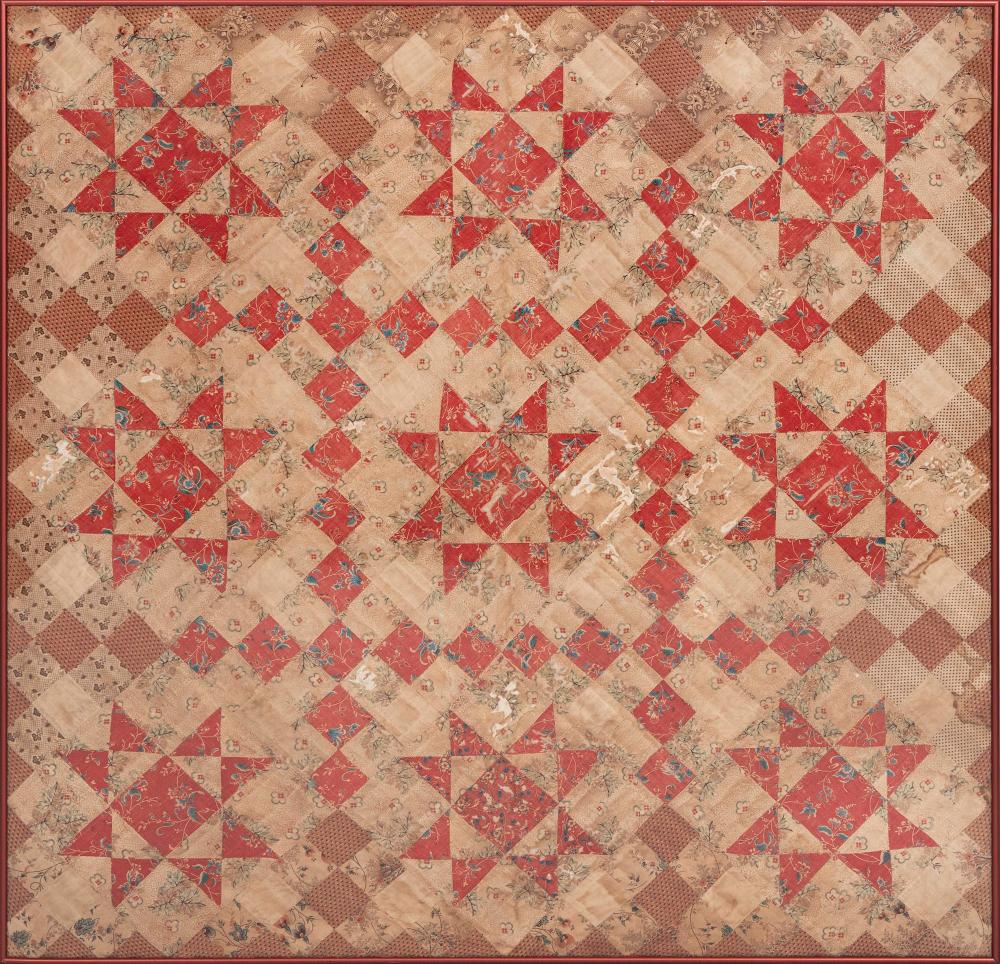 Appraisal: COTTON STAR PATTERN PIECED QUILT TH EARLY TH CENTURY FRAMED