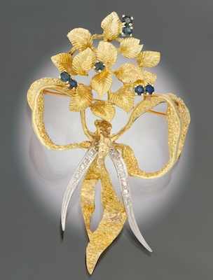 Appraisal: A Ladies' Diamond and Sapphire Bowtie Brooch k yellow and