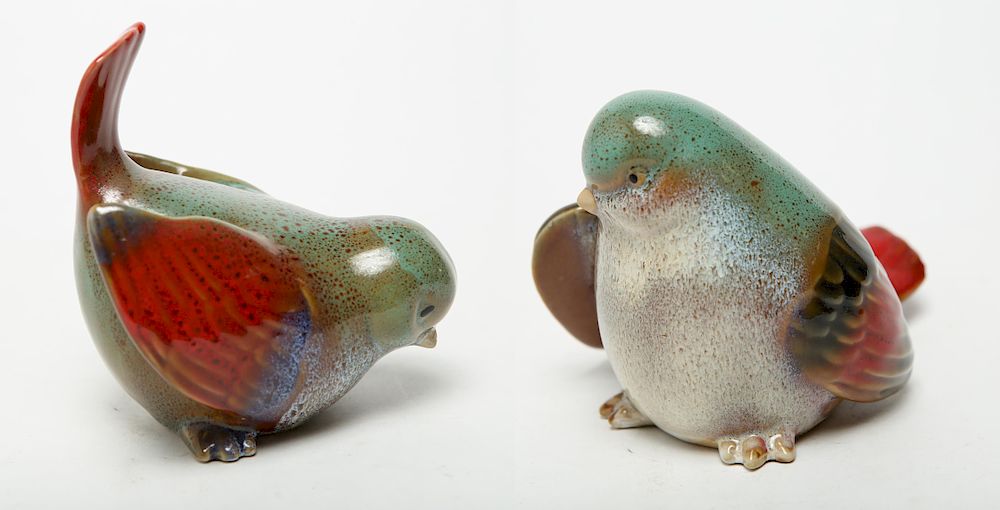 Appraisal: Modern Polychrome-Glazed Porcelain Birds Pair Modern polychrome-glazed porcelain birds the