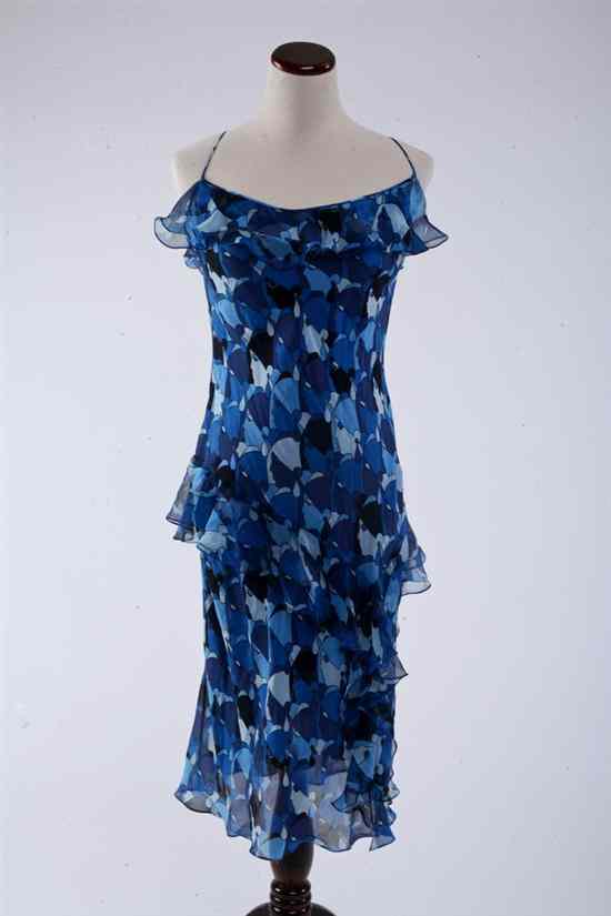 Appraisal: JOHN GALLIANO BLUE SILK DRESS size With ruffles throughout the