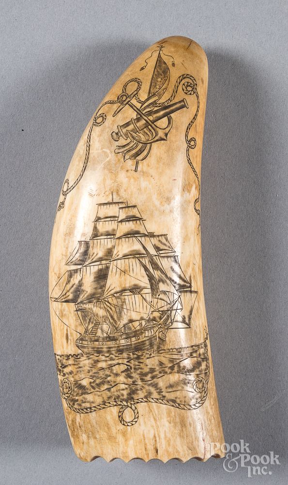 Appraisal: Scrimshaw whale tooth th c Scrimshaw whale tooth th c