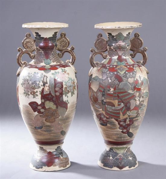 Appraisal: PAIR JAPANESE SATSUMA EARTHENWARE VASES Early th century Figural decoration