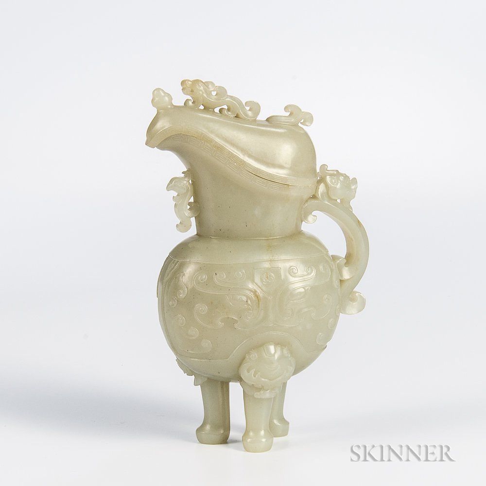 Appraisal: Archaic-style Carved Jade Tripod Wine Ewer and Cover Archaic-style Carved