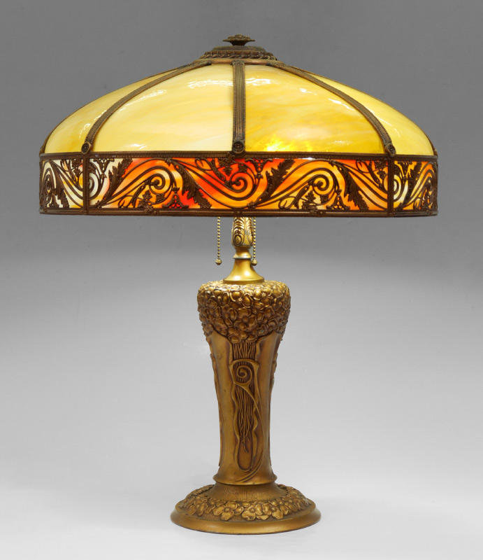 Appraisal: MILLER BENT PANEL SLAG GLASS LAMP Attributed Miller gilt decorated