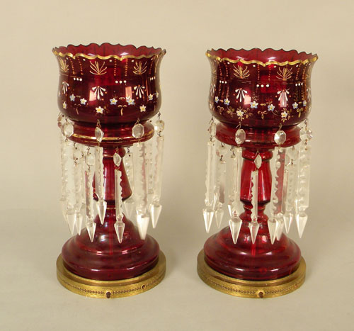 Appraisal: Pair of ruby glass luster candelabra h