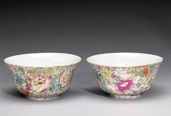 Appraisal: A pair of mille-fleurs decorated porcelain bowls Qianlong Marks th