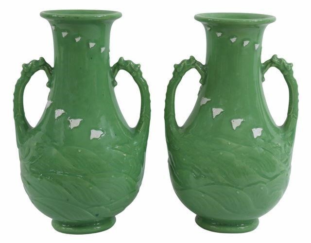 Appraisal: pair Japanese green ceramic vases each with dragon-form handles body