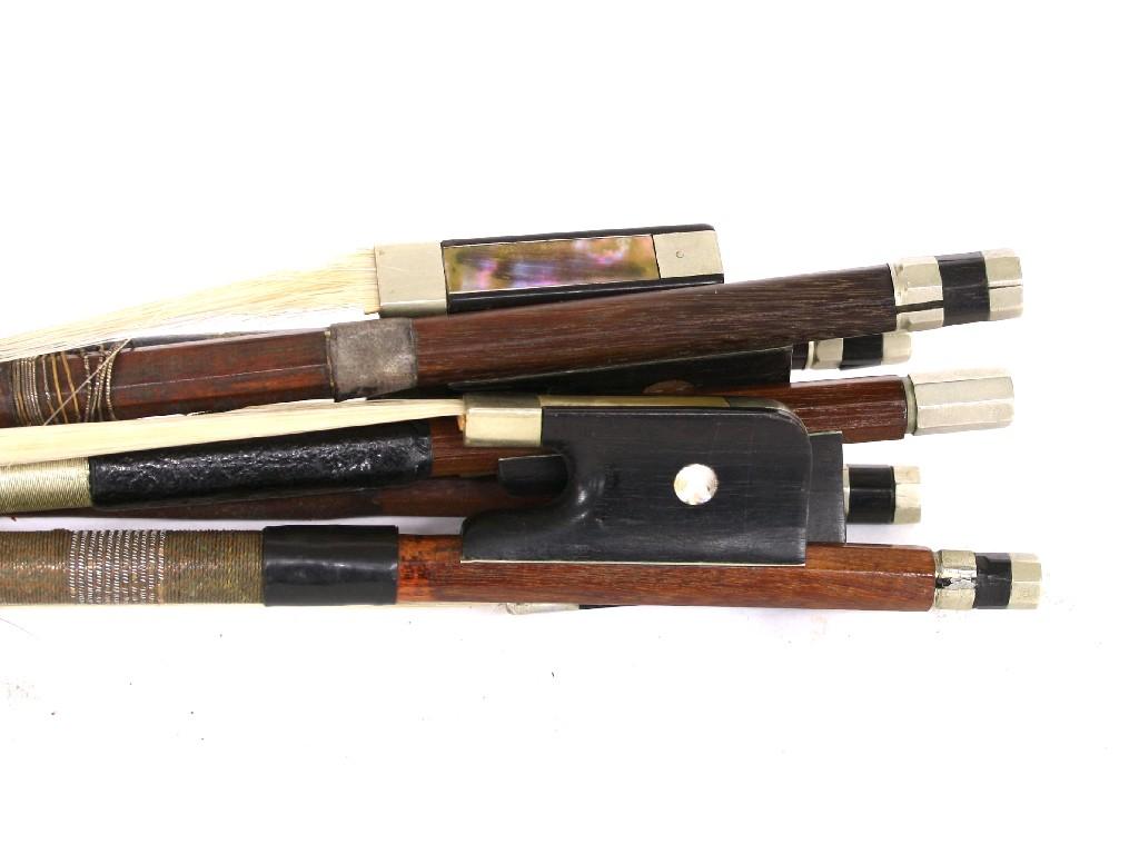 Appraisal: Five nickel mounted violoncello bows four stamped