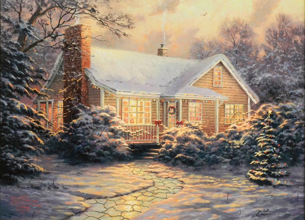 Appraisal: THOMAS KINKADE CHRISTMAS COTTAGE I color print on canvas signed