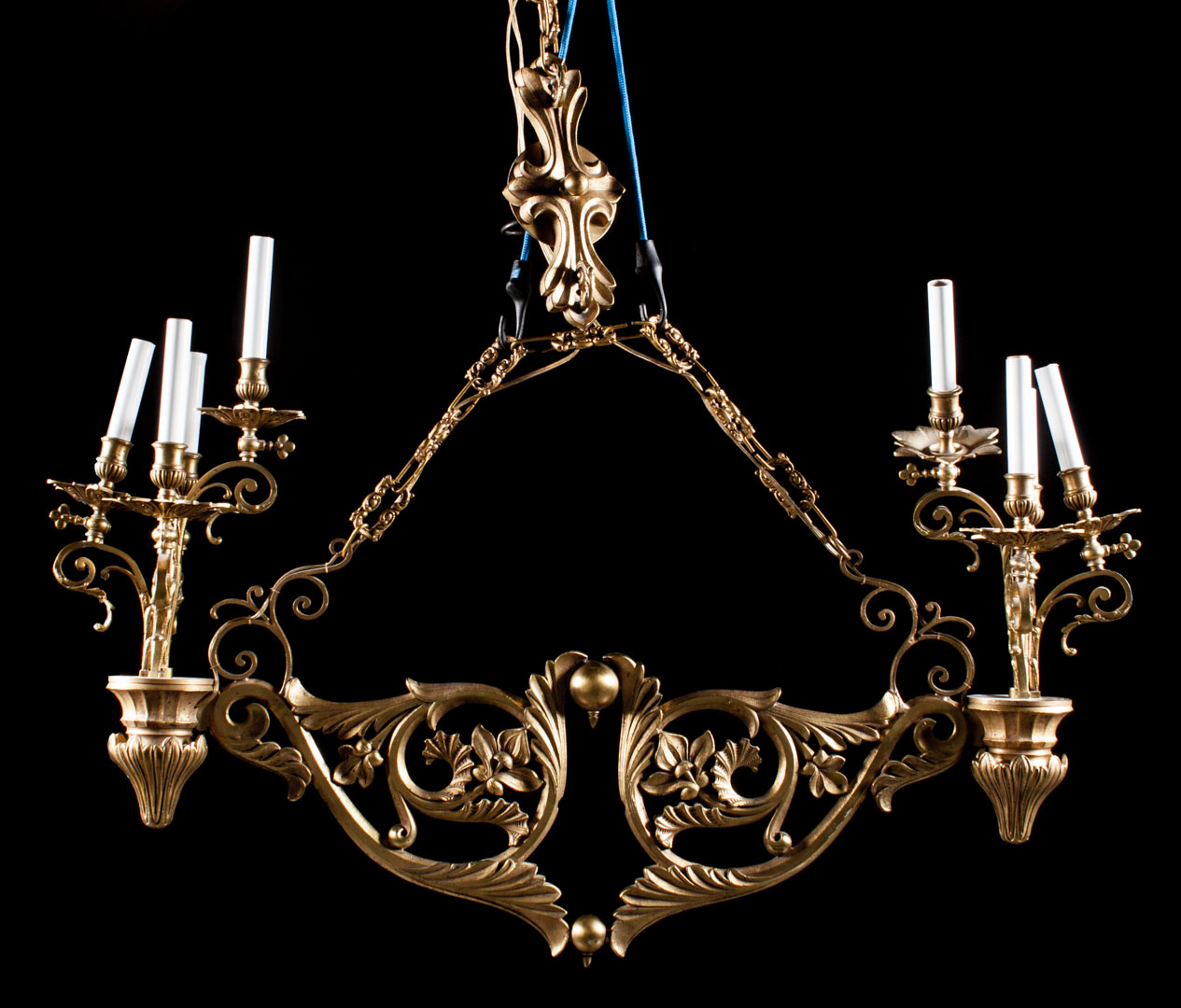 Appraisal: Rococo style bronze eight-light hanging fixture scroll-form bracket with four-light