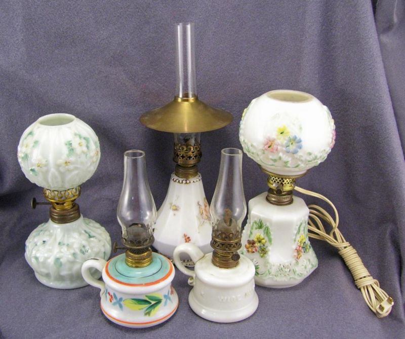 Appraisal: - Miniature Kerosene Lamps Includes Milk glass with raised floral