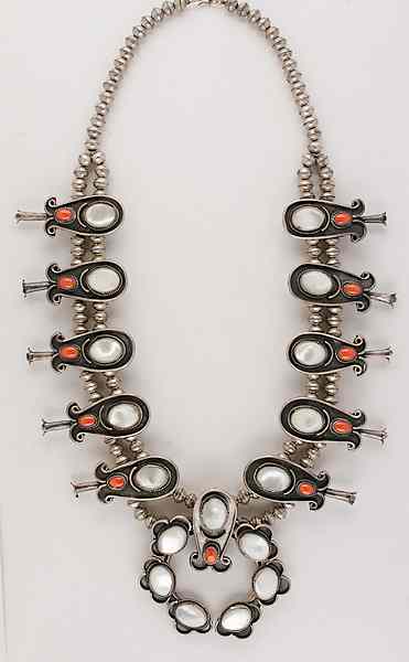 Appraisal: Navajo Coral and Mother-of-Pearl Squash Blossom Necklace made of very