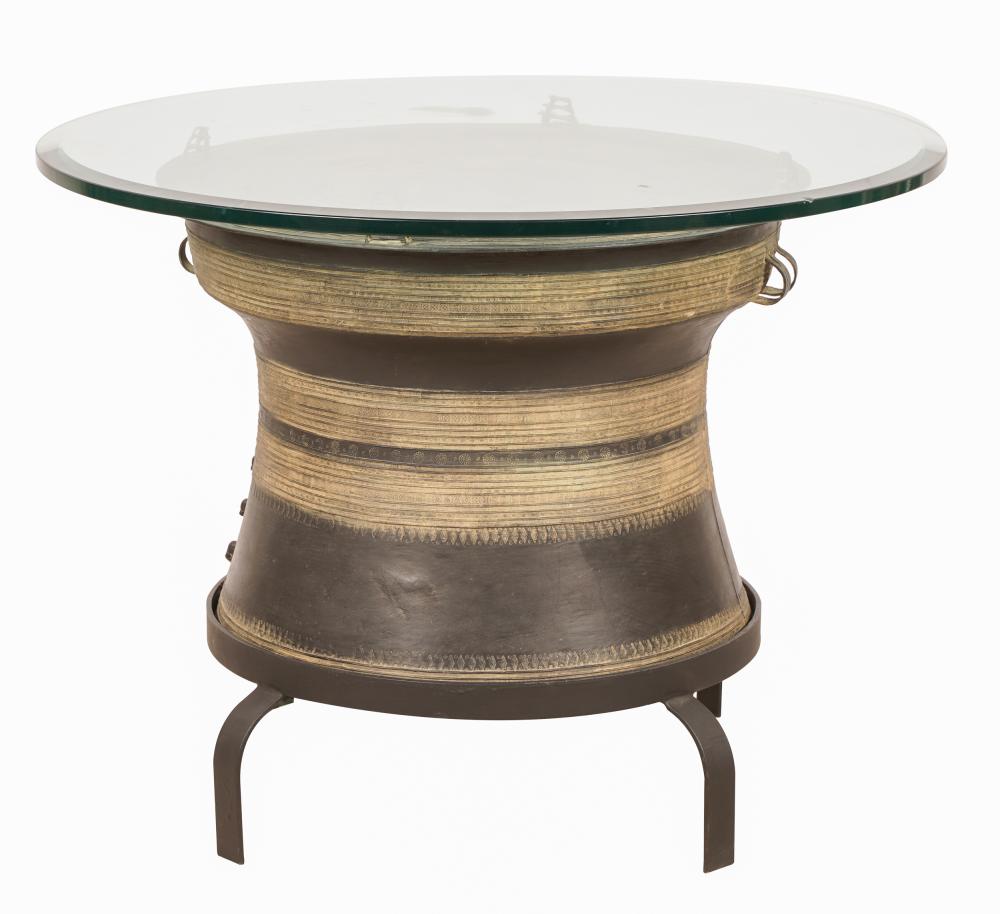 Appraisal: BRONZE RAIN DRUM TABLEwith later-added round glass top and black