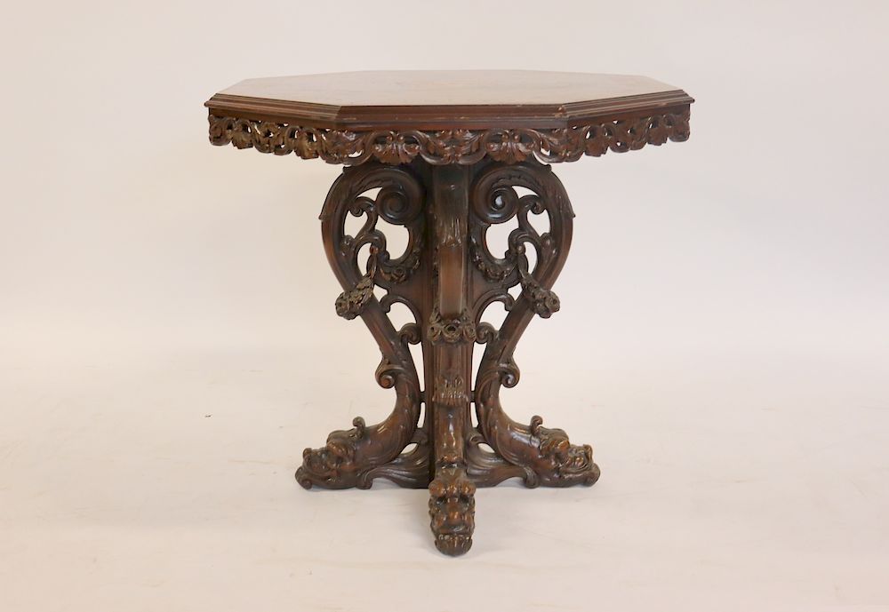 Appraisal: Antique Highly Carved And Inlaid Center Table From a Bronx