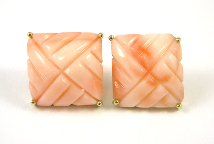 Appraisal: PAIR OF PINK CORAL EARRINGS each k yellow gold with