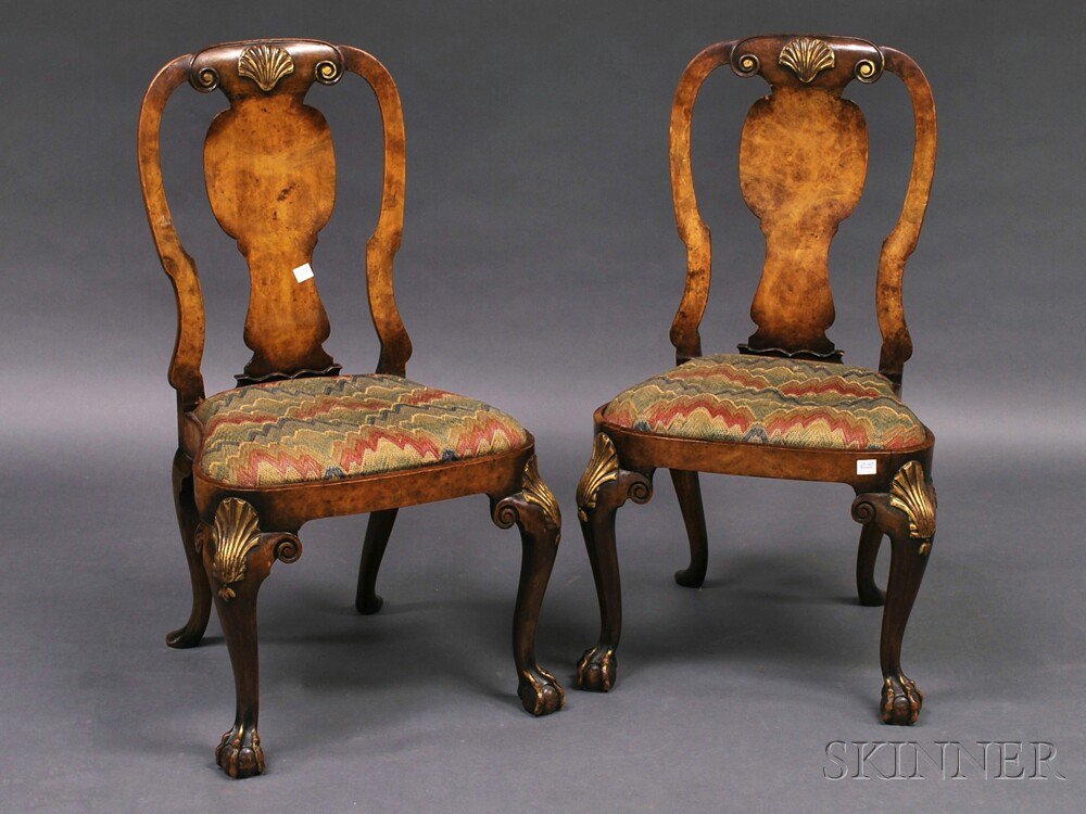 Appraisal: Pair of Georgian-style Burled Walnut and Gilt Side Chairs the