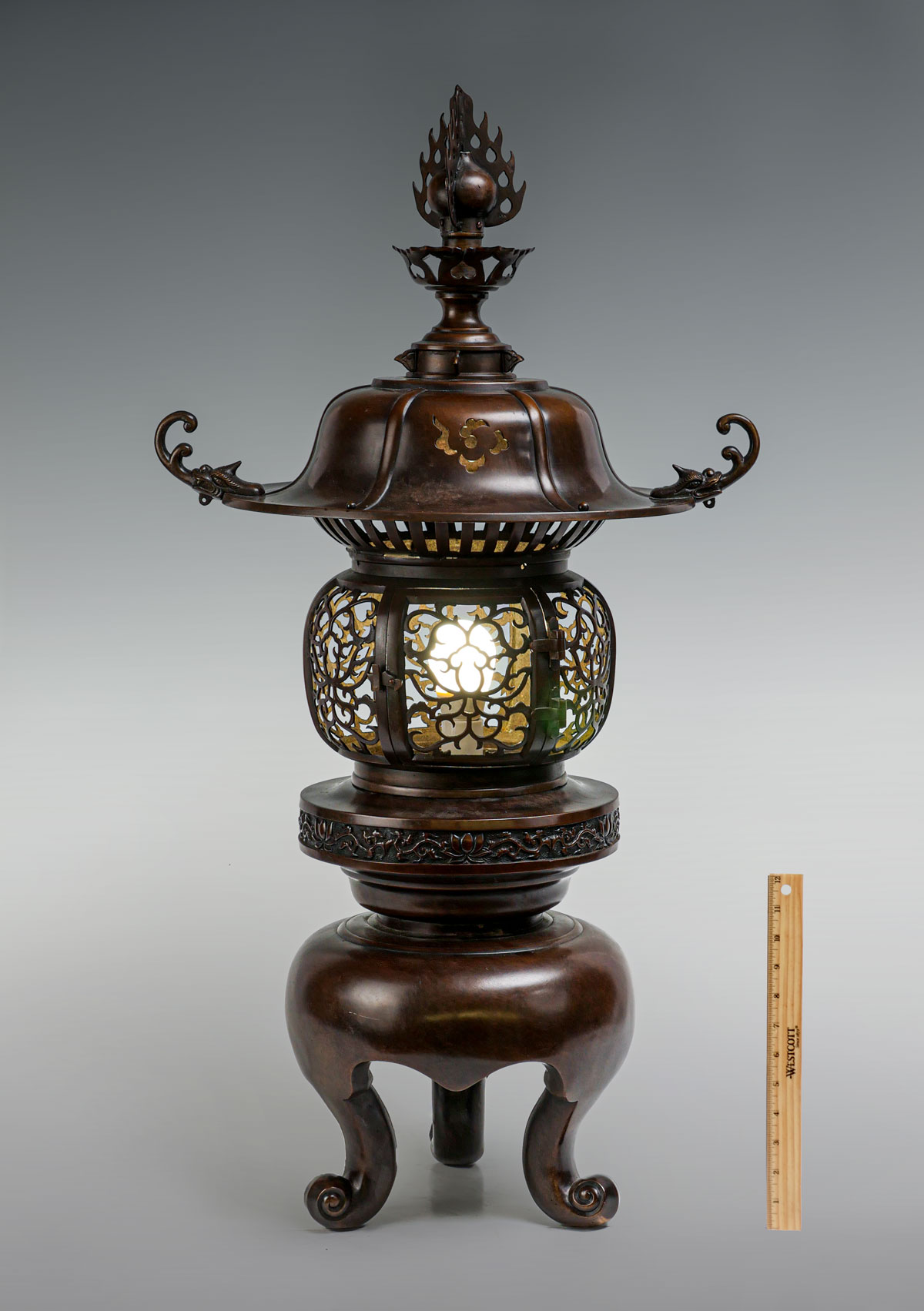 Appraisal: JAPANESE BRONZE LANTERN Cast bronze - part Jaspanese single light