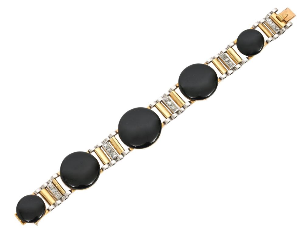 Appraisal: DIAMOND ONYX K Y WG FLEXIBLE LINK BRACELET K yellow