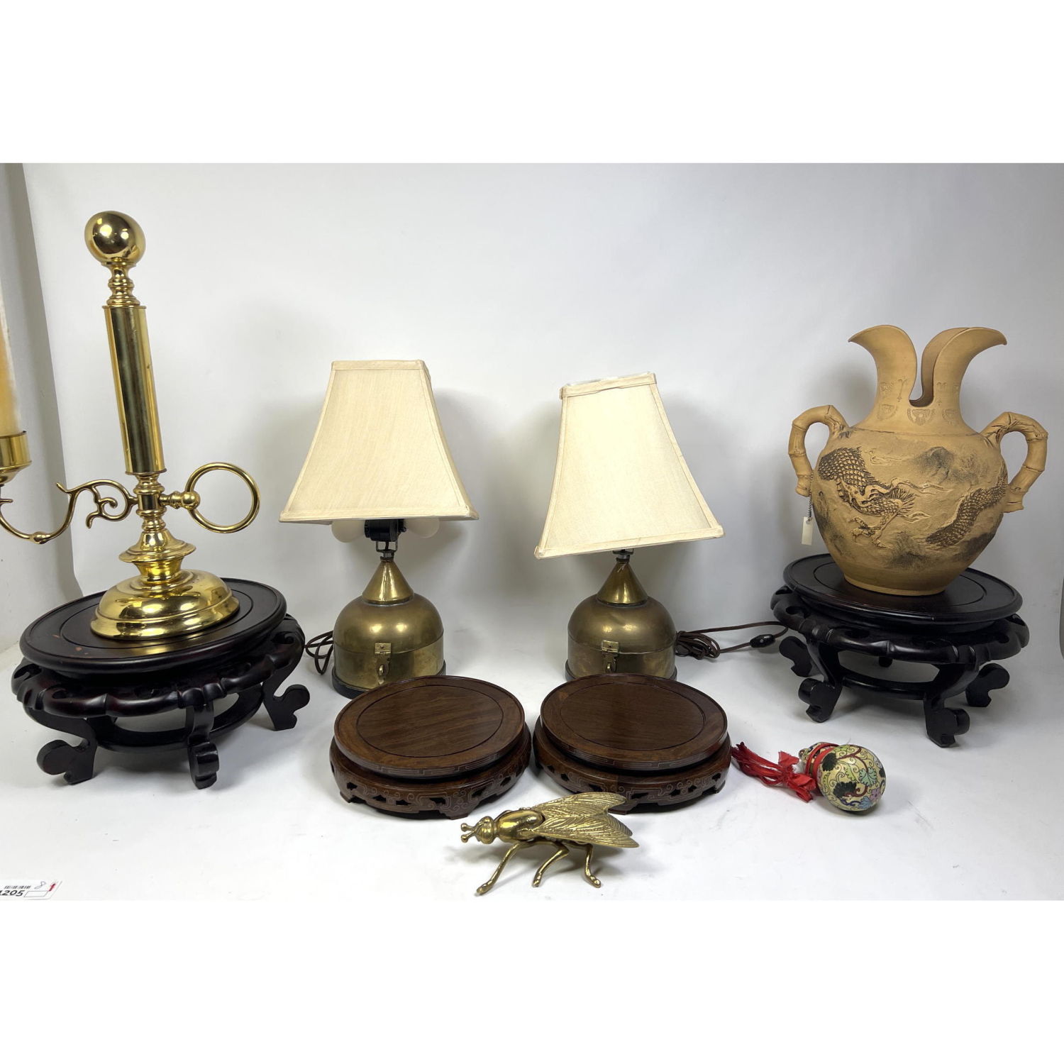 Appraisal: Mixed lot Asian Stands Brass Fly Candle Lamp etc Dimensions