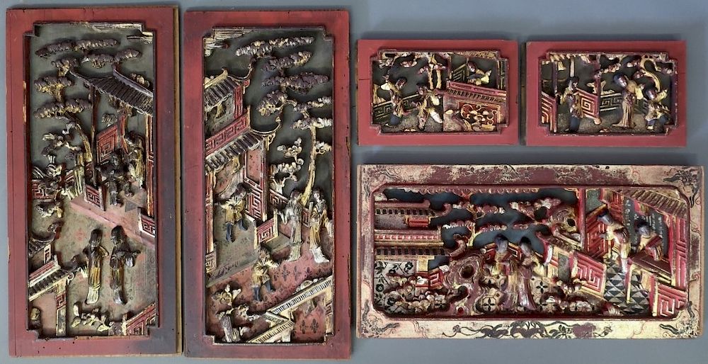 Appraisal: Five Carved and Gilt Decorated Chinese Panels Five carved and