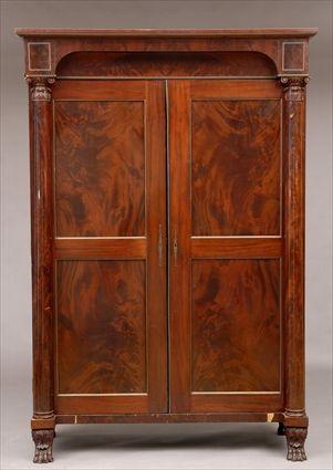 Appraisal: NEW YORK FEDERAL BRASS-MOUNTED CARVED AND FLAME MAHOGANY VENEERED ARMOIRE