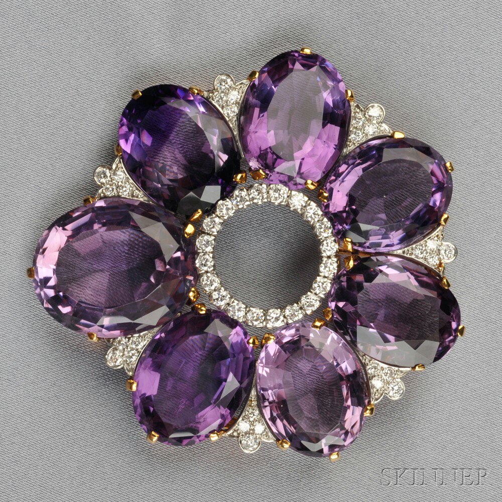 Appraisal: kt Gold Amethyst and Diamond Pendant Brooch set with seven