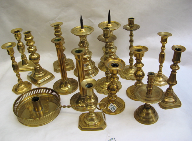 Appraisal: PIECE COLLECTION OF BRASS CANDLESTICKS for pillars and tapers in