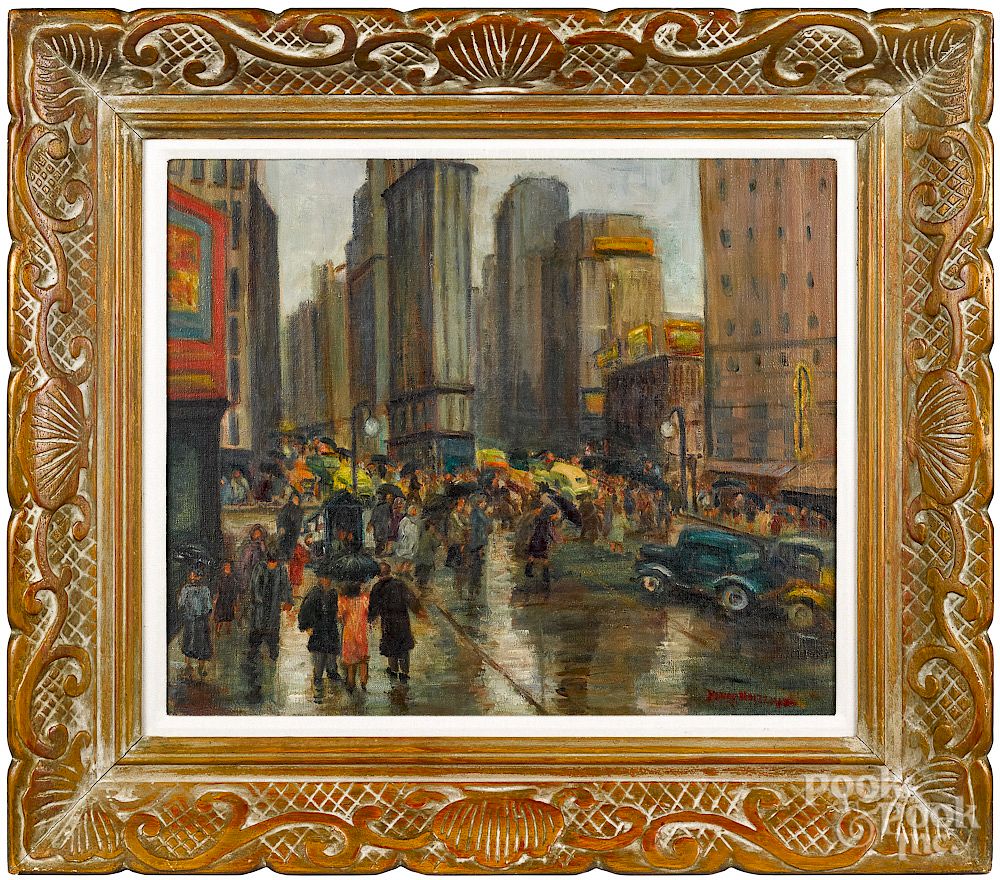 Appraisal: Fanny Holtzmann oil titled Times Square New York Fanny Holtzmann