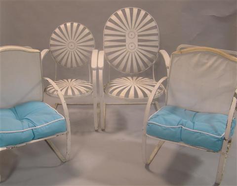 Appraisal: TWO WHITE PAINTED METAL MEDALLION BACK GARDEN CHAIRS Together with