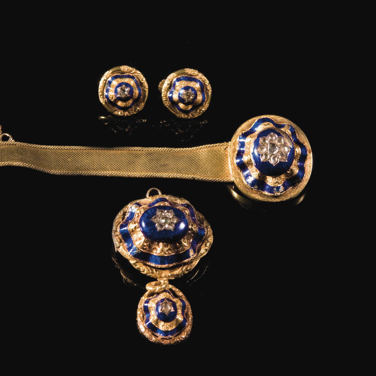 Appraisal: SUITE OF LATE VICTORIAN GOLD ENAMEL AND ROSE DIAMOND JEWELRY