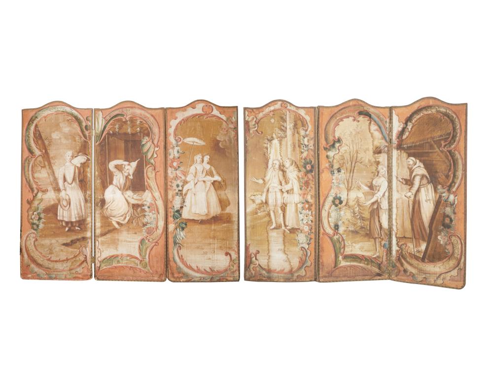 Appraisal: CONTINENTAL SIX-PANEL SCREENpainted canvas on wood frames Condition in two