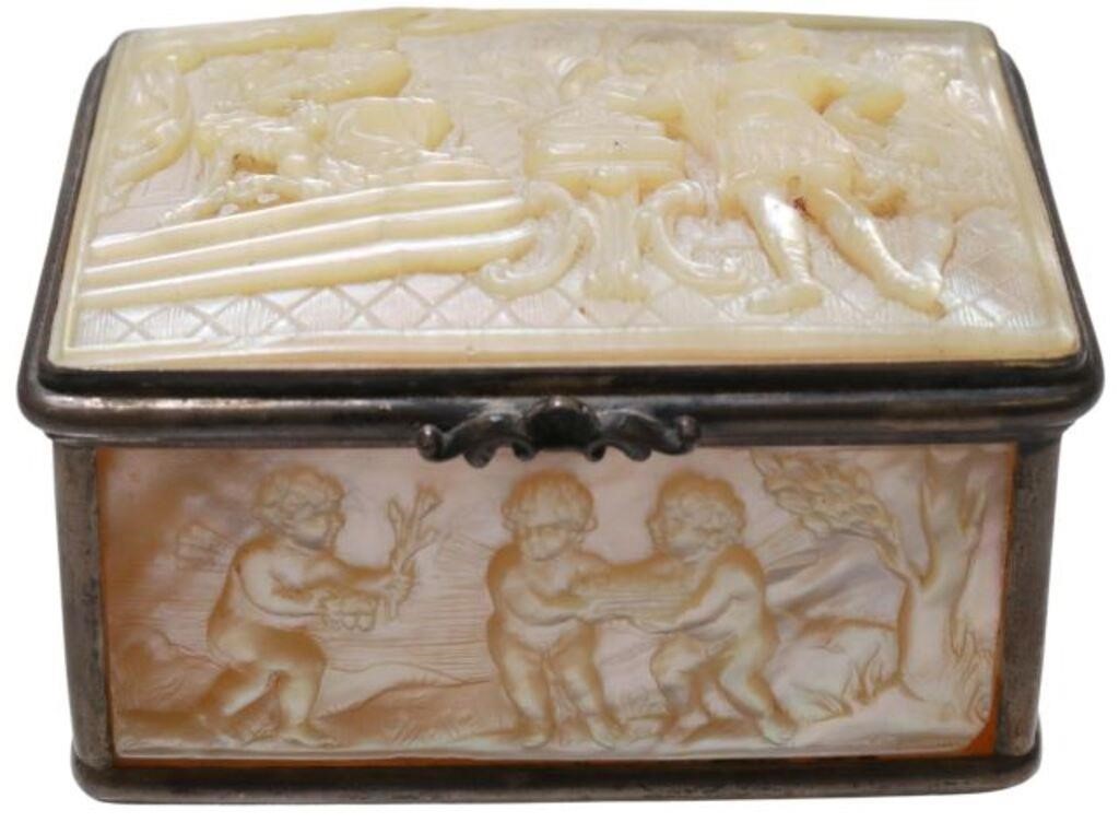 Appraisal: Continental carved mother-of-pearl and silver mounted snuff box th c