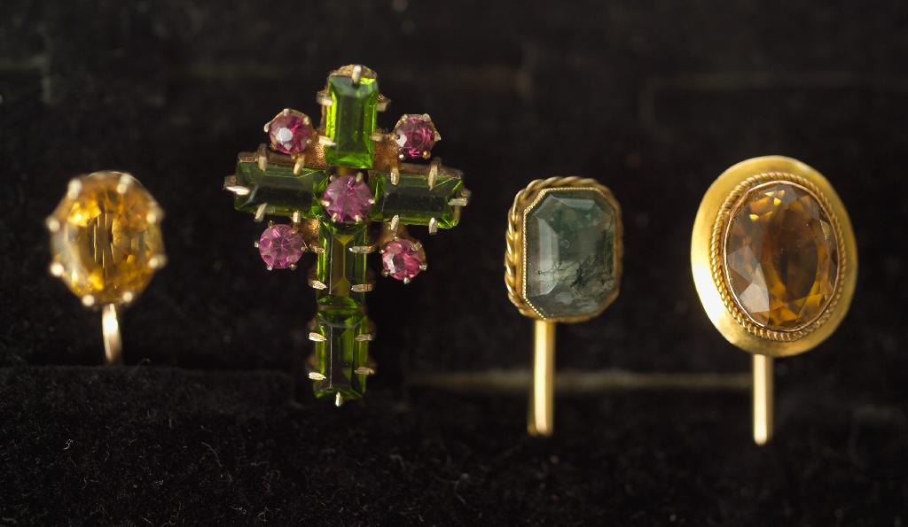 Appraisal: GROUP OF FOUR VICTORIAN GOLD STICK PINS one a crucifix