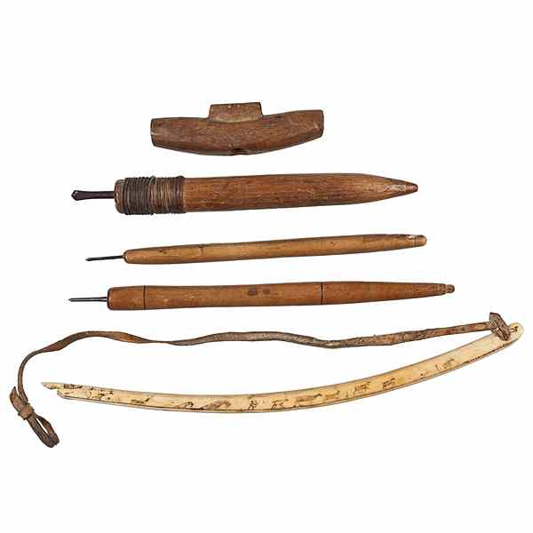 Appraisal: Eskimo Bow Drill Set pieces includes three wooden drills with