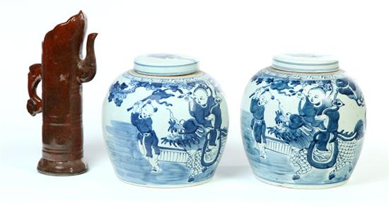 Appraisal: PAIR OF GINGER JARS AND A PITCHER China th century