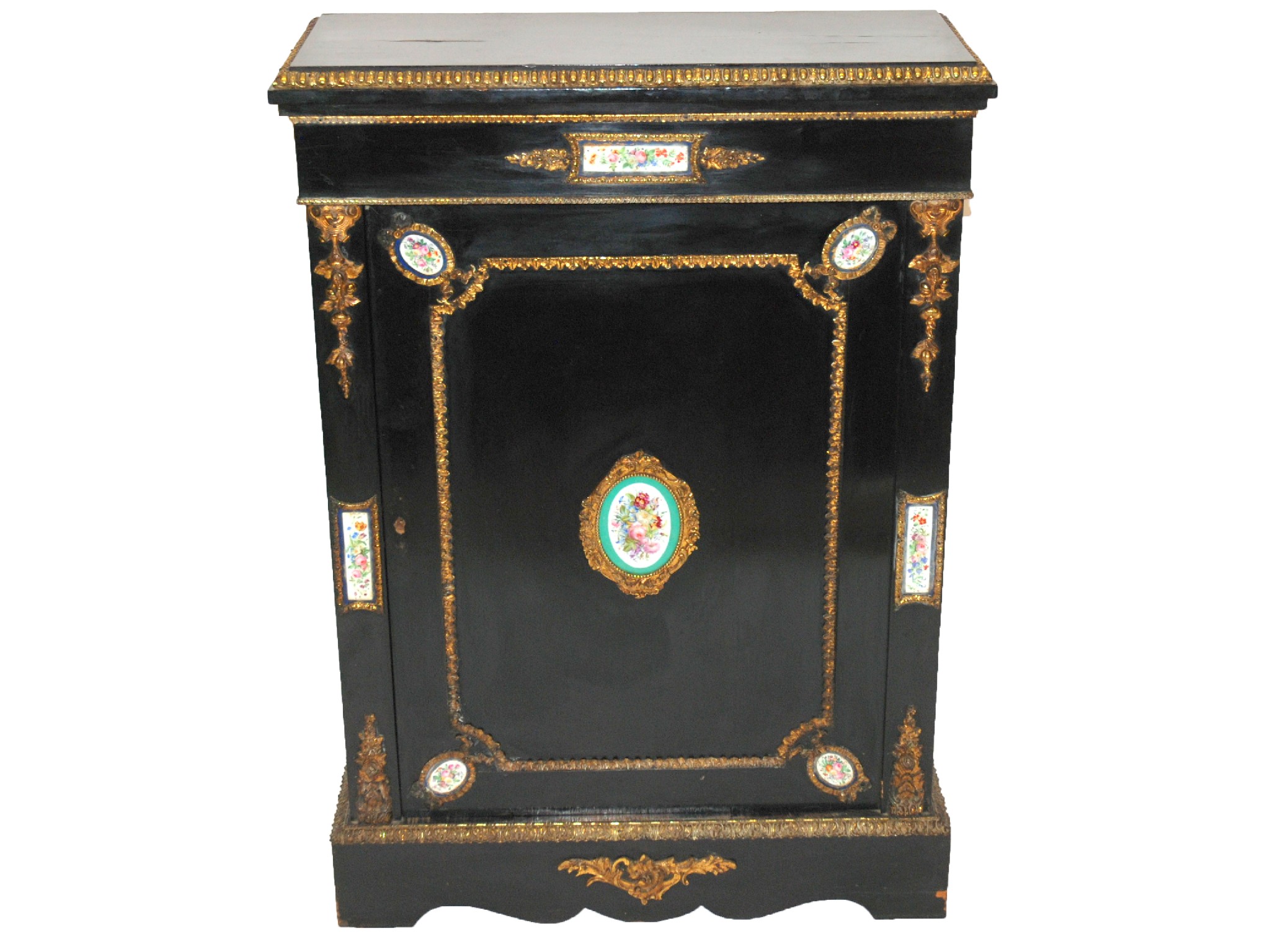 Appraisal: A Victorian ebonised and brass mounted cabinetinset with eight porcelain