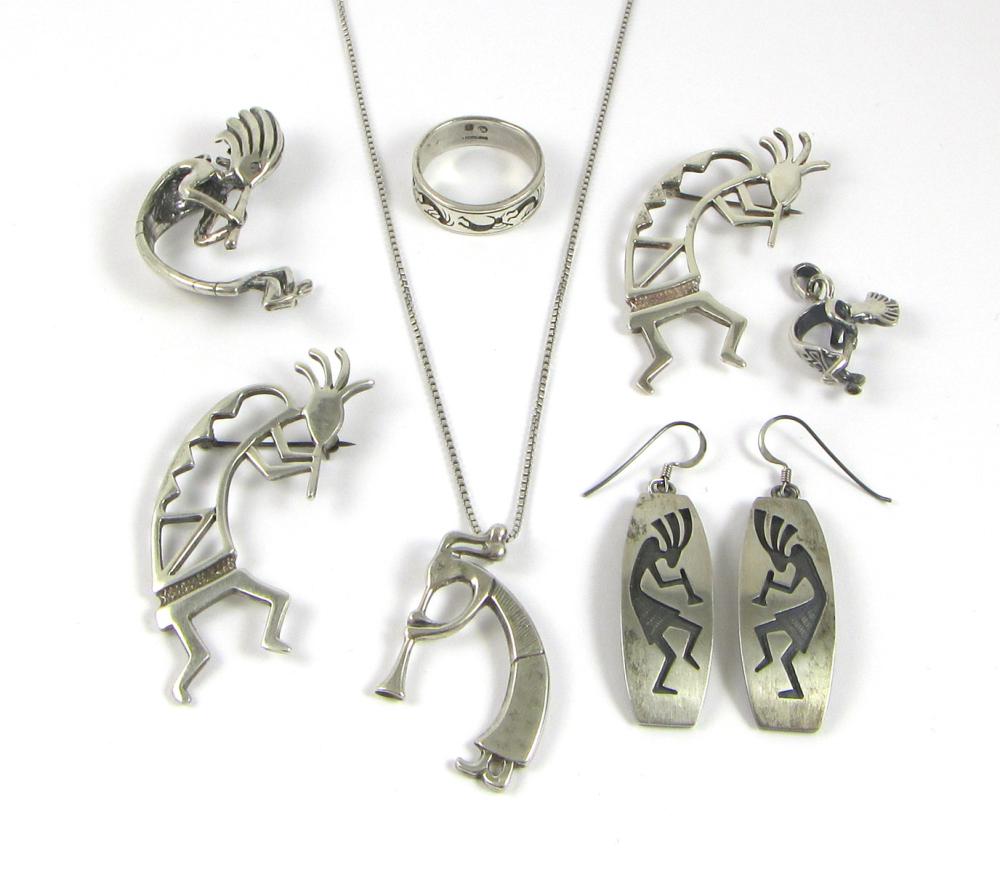 Appraisal: SIX ARTICLES OF STERLING SILVER KOKOPELLI JEWELRY including a pendant