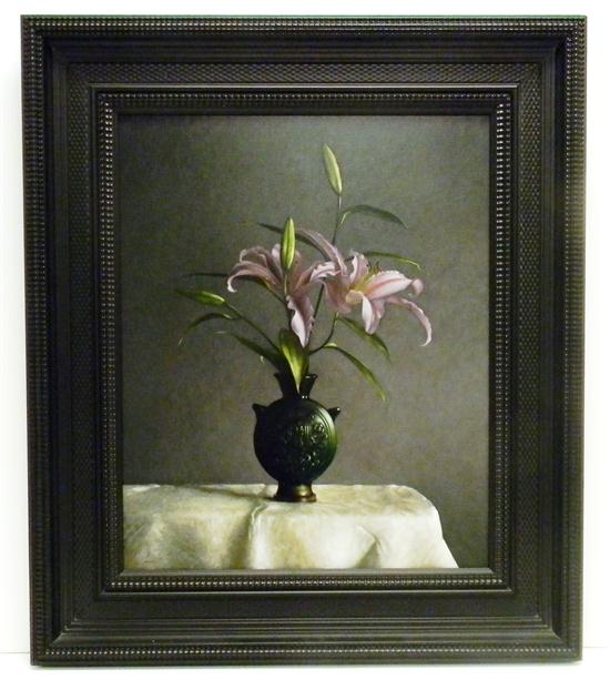 Appraisal: Larry Preston American - oil on panel ''Lilies '' still