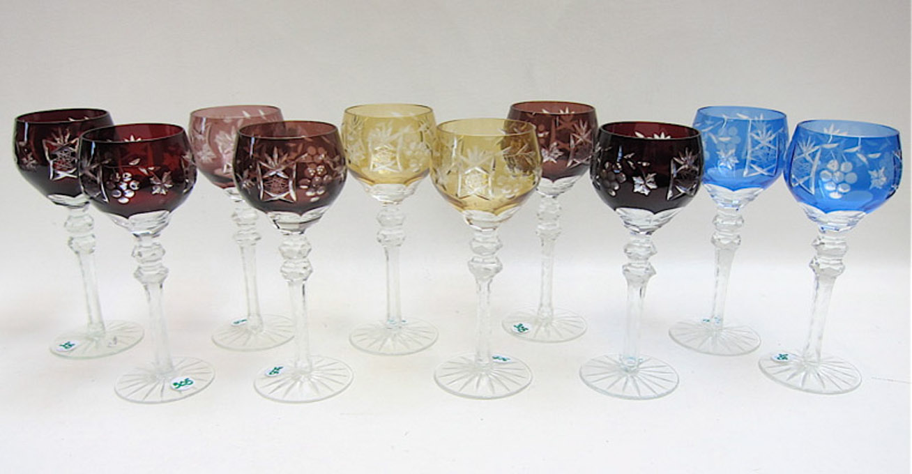 Appraisal: SET OF TEN CRYSTAL BOHEMIAN WINE GOBLETS Harlequins of many