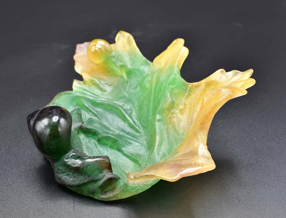 Appraisal: DAUM PATE DE VERRE SNAIL AND LEAF DISHUnderside incised Daum