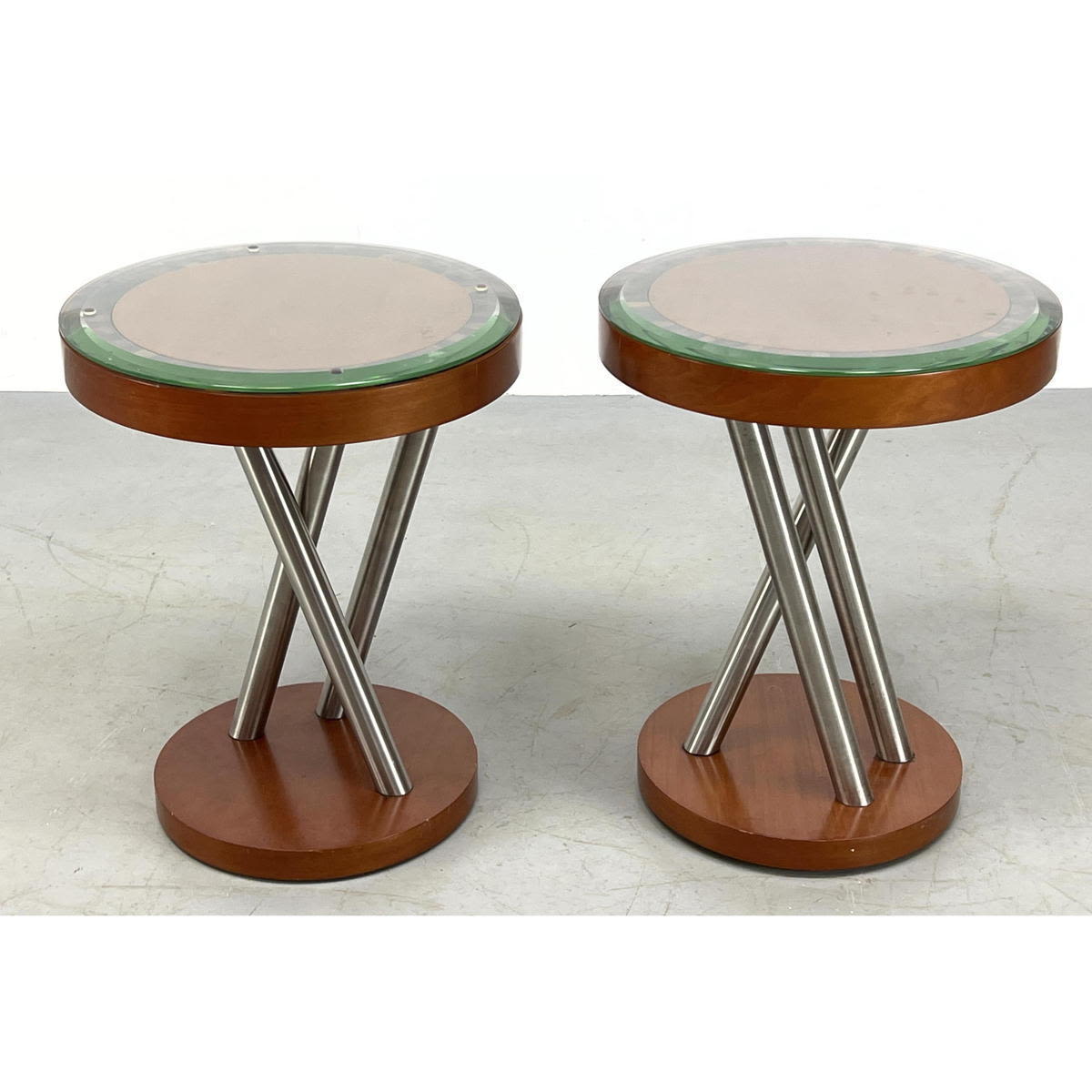 Appraisal: Pair banded Top Side Table with Metal Tube Base Can