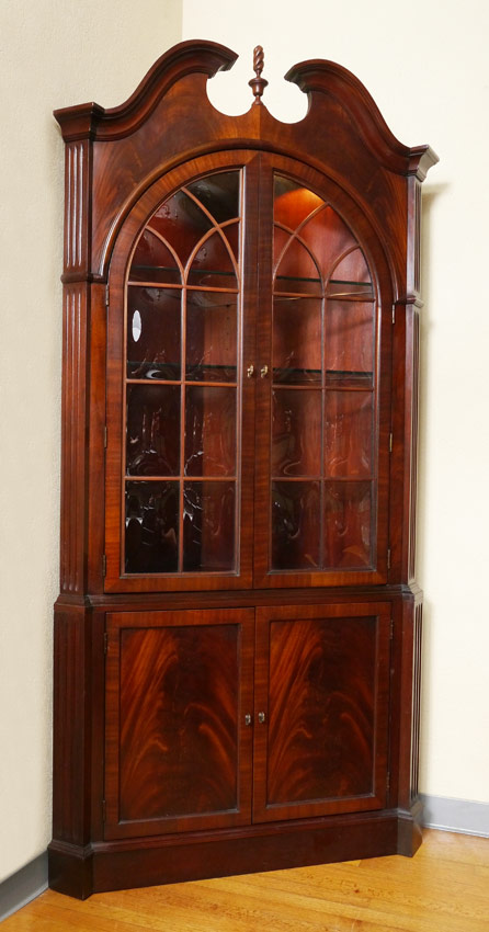 Appraisal: MAHOGANY BUBBLE GLASS FRONT CORNER CABINET th century production broken