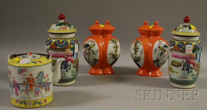 Appraisal: Two Pairs of Chinese Porcelain Covered Vases and a Teapot