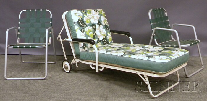 Appraisal: Vintage Painted Metal Lawn Chaise with Cushions and a Pair