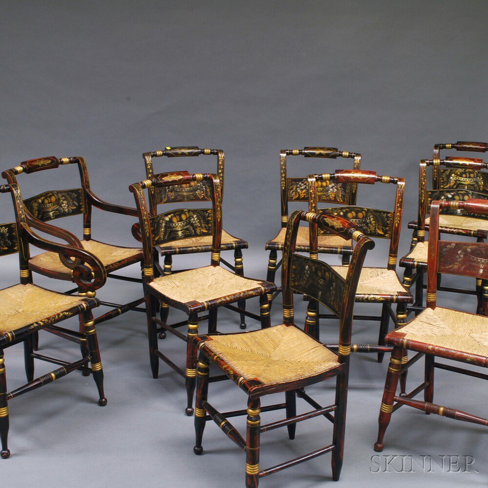 Appraisal: Set of Ten Grain-painted and Gilt-stenciled Fancy Chairs ht wd