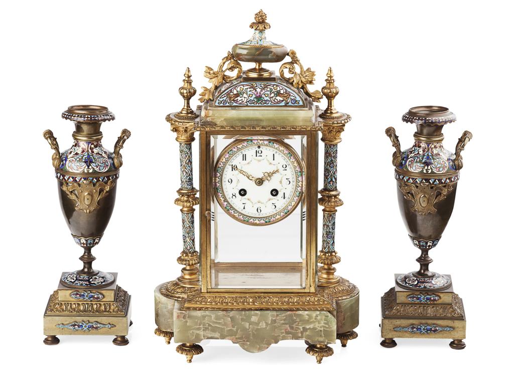 Appraisal: FRENCH ONYX AND CHAMPLEV ENAMEL CLOCK GARNITURE TH CENTURY the