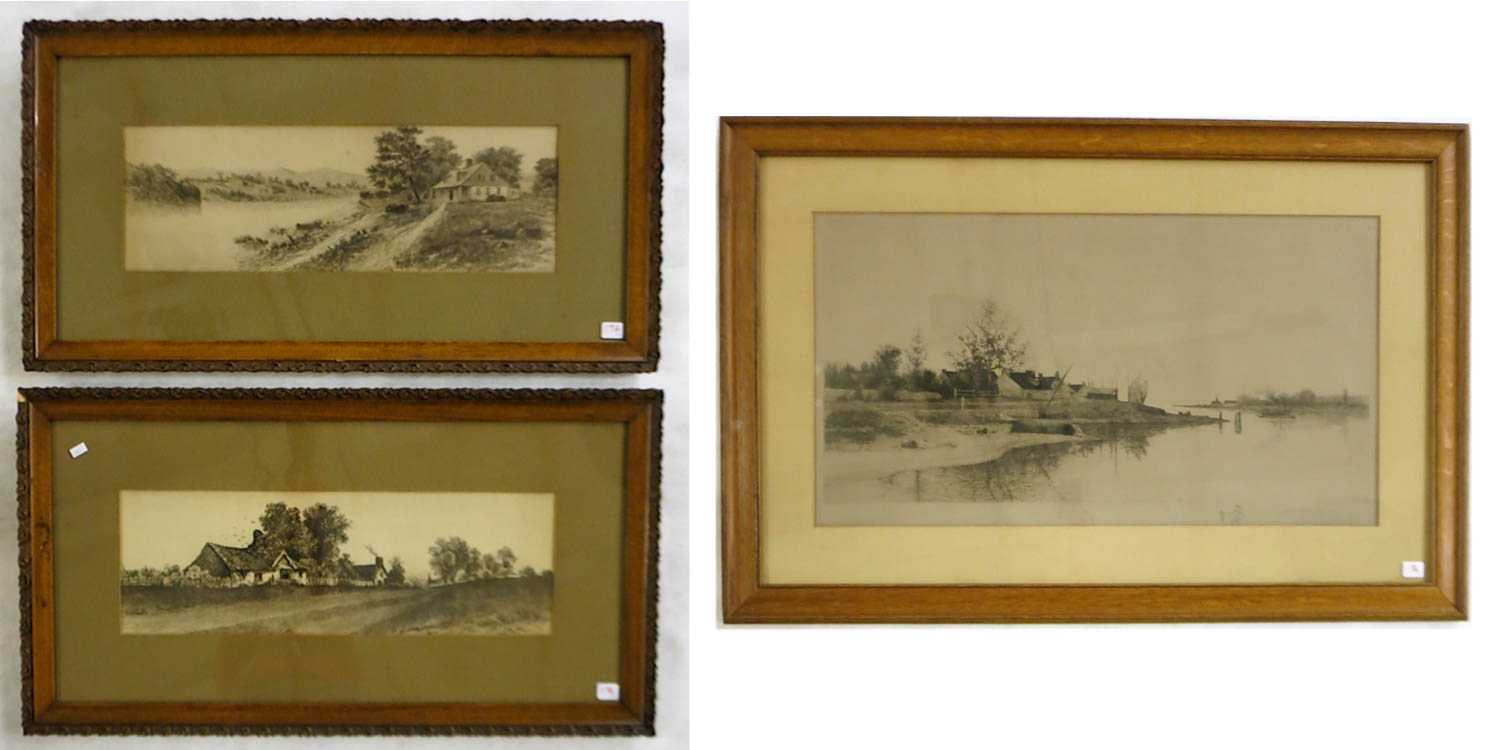 Appraisal: THREE ETCHINGS late th early th century two depicting cottages