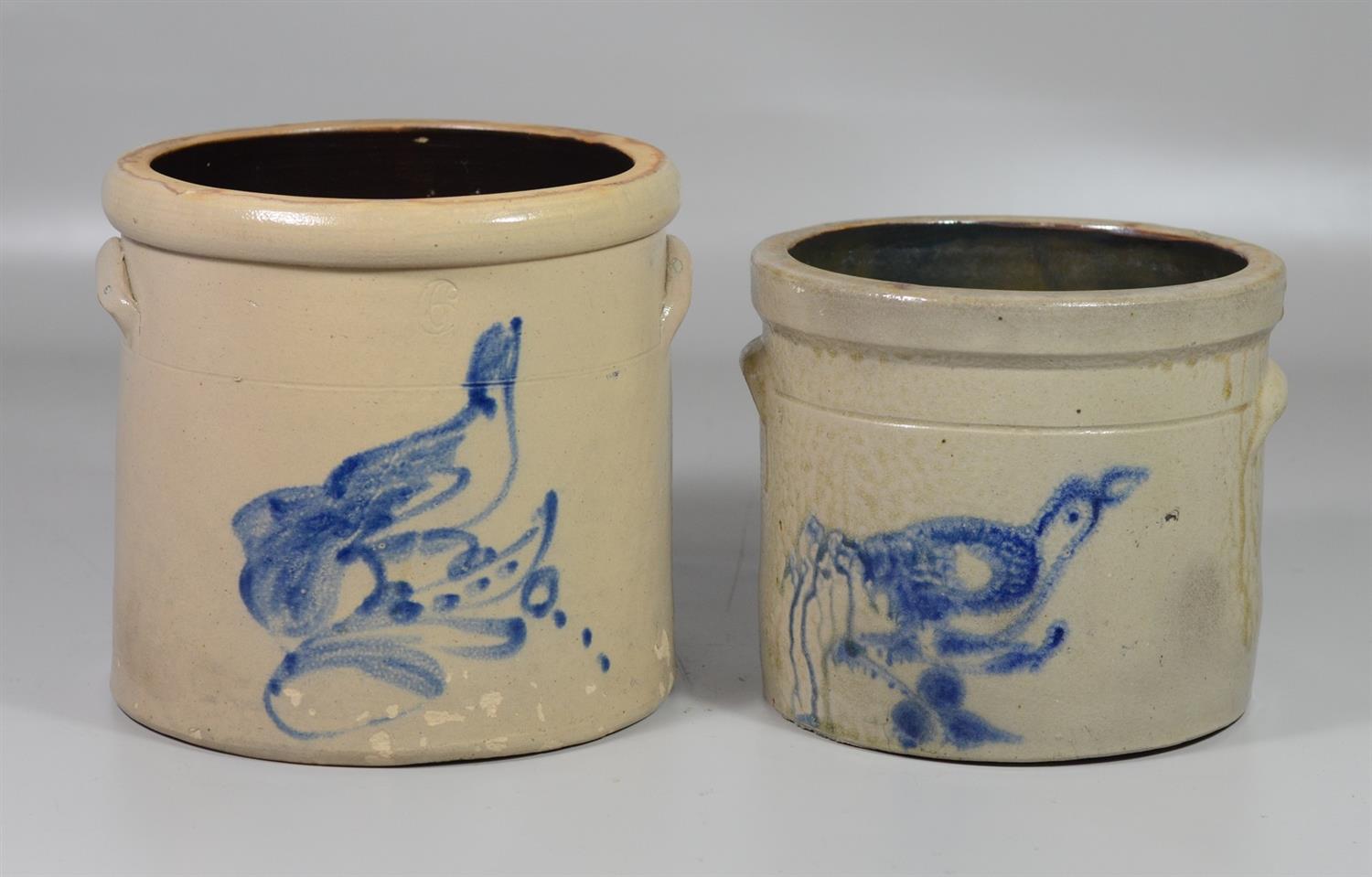 Appraisal: blue bird decorated stoneware crocks one impressed qts some glaze