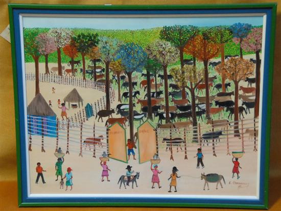 Appraisal: ETIENNE CHAVANNES Oil on panel Hatian Village with Cattle Signed